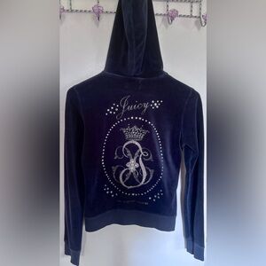 Vintage 2000’s Juicy Couture Navy Velour Hooded Rhinestone Zip Up Track Jacket